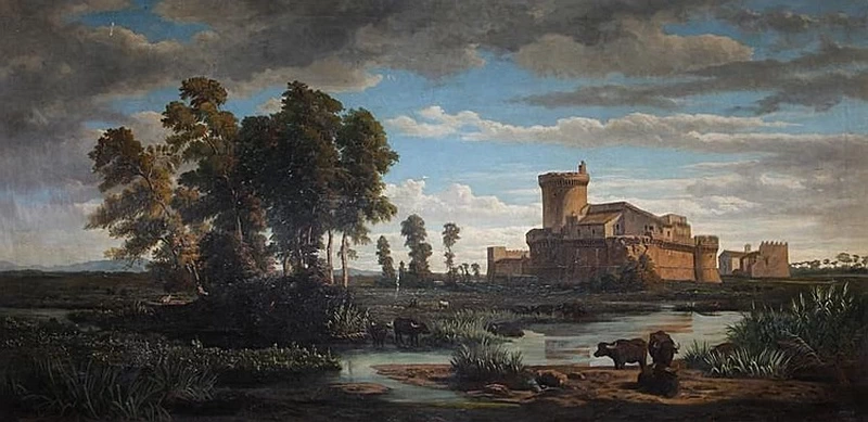 Palude con bufale e la veduta del castello di Ostia Antica - attribuito